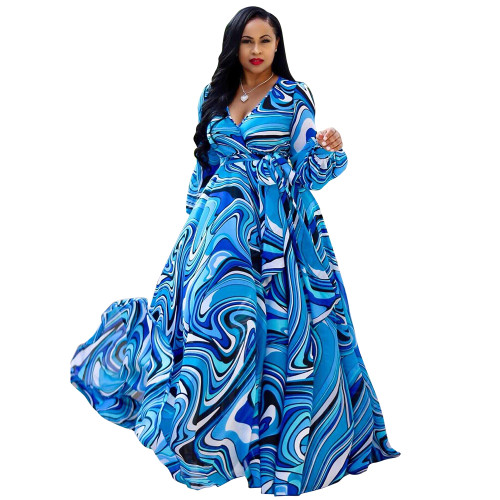 Printed V Neck Long Sleeve Big Hem Maxi Dress