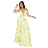 Floral Deep V Sleeveless Big Hem Maxi Dress