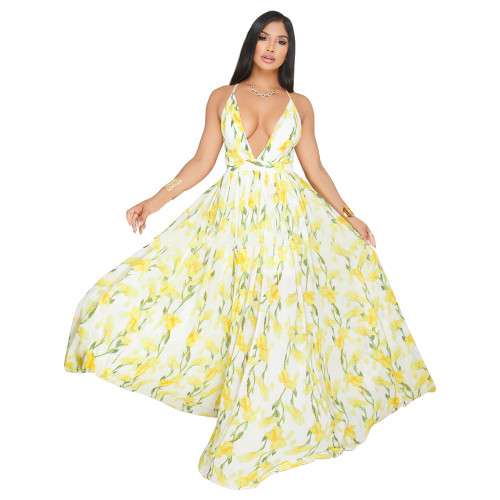 Floral Deep V Sleeveless Big Hem Maxi Dress