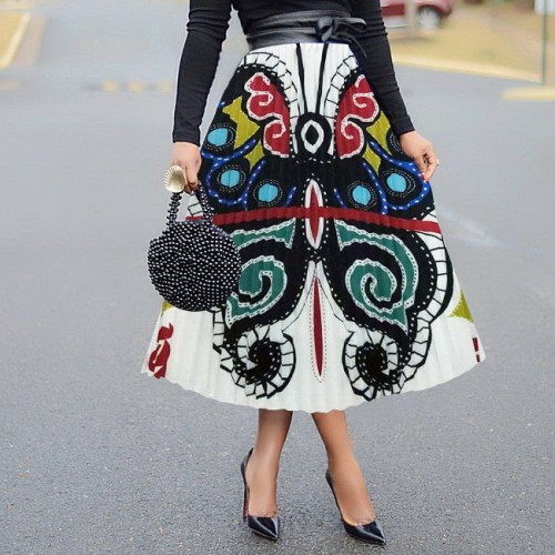 Butterfly Print Pleated Long Skirt