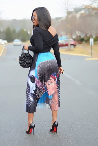 Cartoon Beauty Printed Pleated Long Skirt