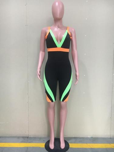 Contrast Color Spliced Sexy V Neck Rompers