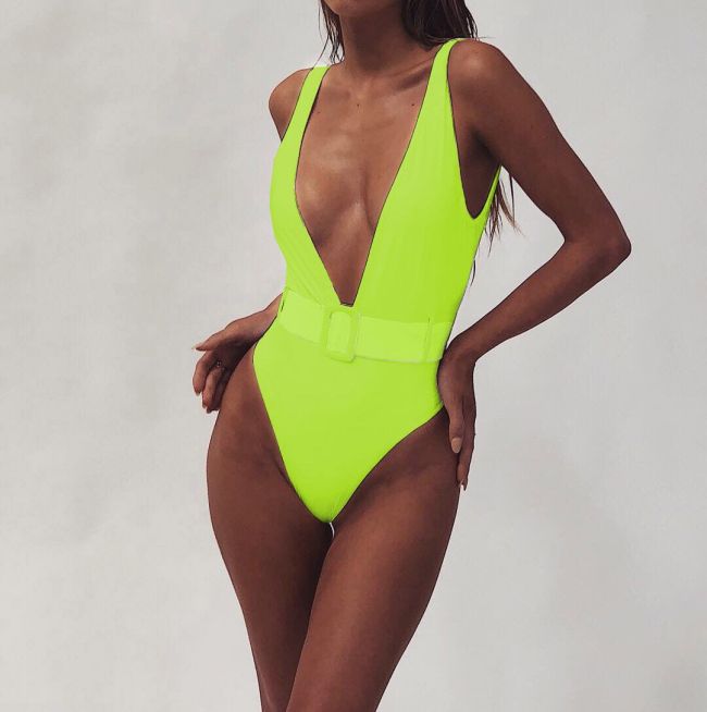 Neon Belted Plunge Neck One Piece Swimsuit