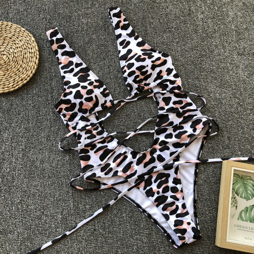 Leopard Hollow Out Straps One Piece Swimsuit