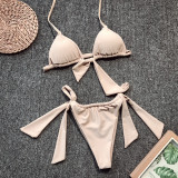 Solid Halter Ruched Tie Triangle Thong Bikini Set