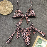 Leopard Halter Ruched Tie Triangle Thong Bikini Set