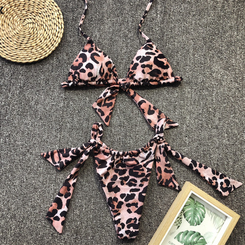 Leopard Halter Ruched Tie Triangle Thong Bikini Set