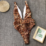 Leopard Print Belted Plunge Neck One Piece Swimsuit