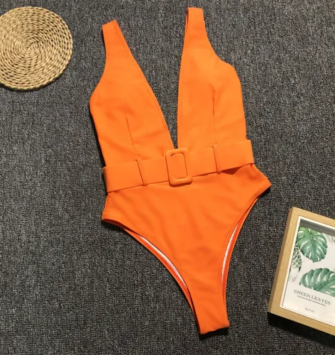 Solid Belted Plunge Neck One Piece Swimsuit