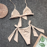 Solid Halter Ruched Tie Triangle Thong Bikini Set