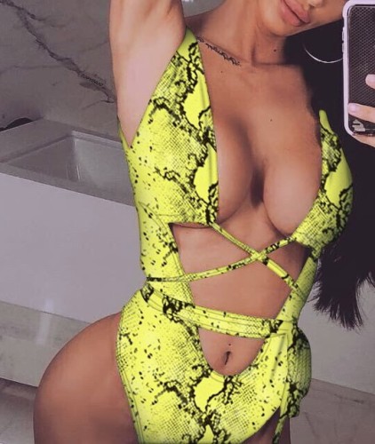 Green Snakeskin Hollow Out Straps One Piece Swimsuit