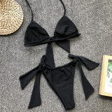Solid Halter Ruched Tie Triangle Thong Bikini Set