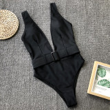 Solid Belted Plunge Neck One Piece Swimsuit