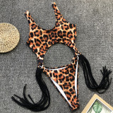 Leopard Cutout Tassel One Piece Swimsuit