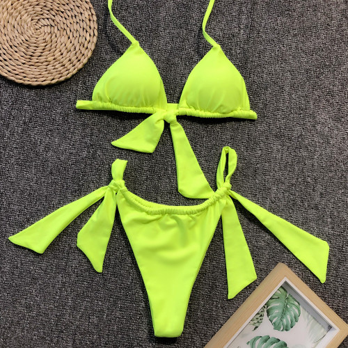 Solid Halter Ruched Tie Triangle Thong Bikini Set