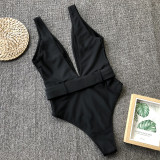 Solid Belted Plunge Neck One Piece Swimsuit