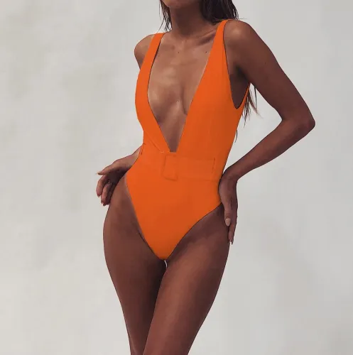 Solid Belted Plunge Neck One Piece Swimsuit