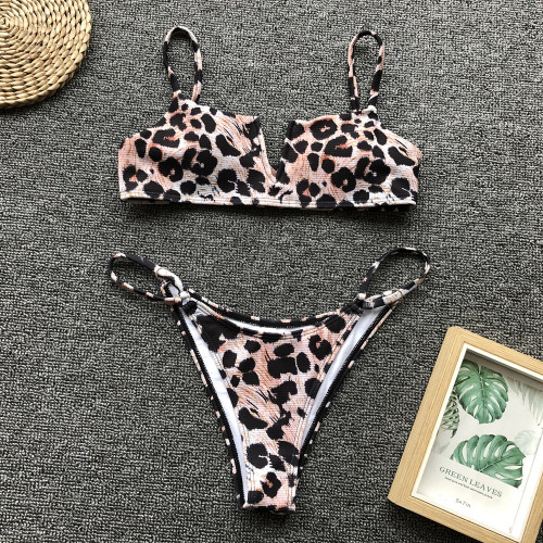 Leopard Printed Sexy V-Bar Ribbed Bikini Set