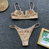 Spotted Print Sexy V-Bar Ribbed Bikini Set