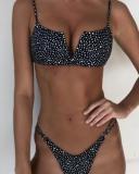 Black White Spotted Sexy V-Bar Ribbed Bikini Set
