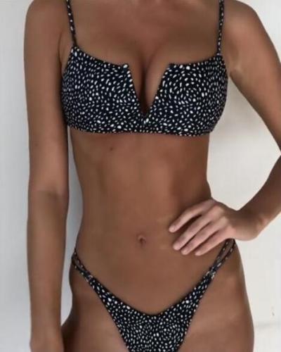 Black White Spotted Sexy V-Bar Ribbed Bikini Set