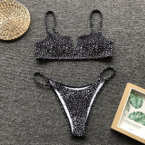 Black White Spotted Sexy V-Bar Ribbed Bikini Set