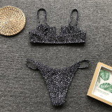 Black White Spotted Sexy V-Bar Ribbed Bikini Set