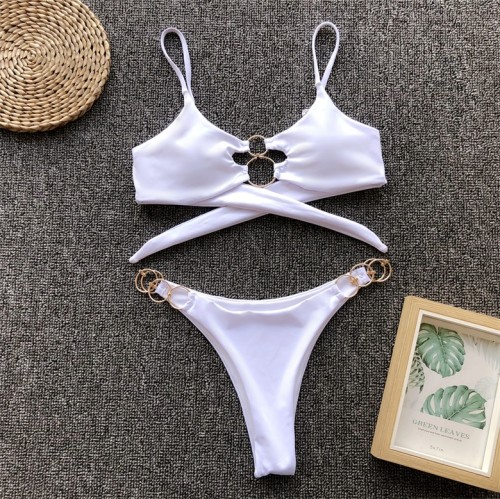 Metal Ring White Thong Two Piece Swimsuit