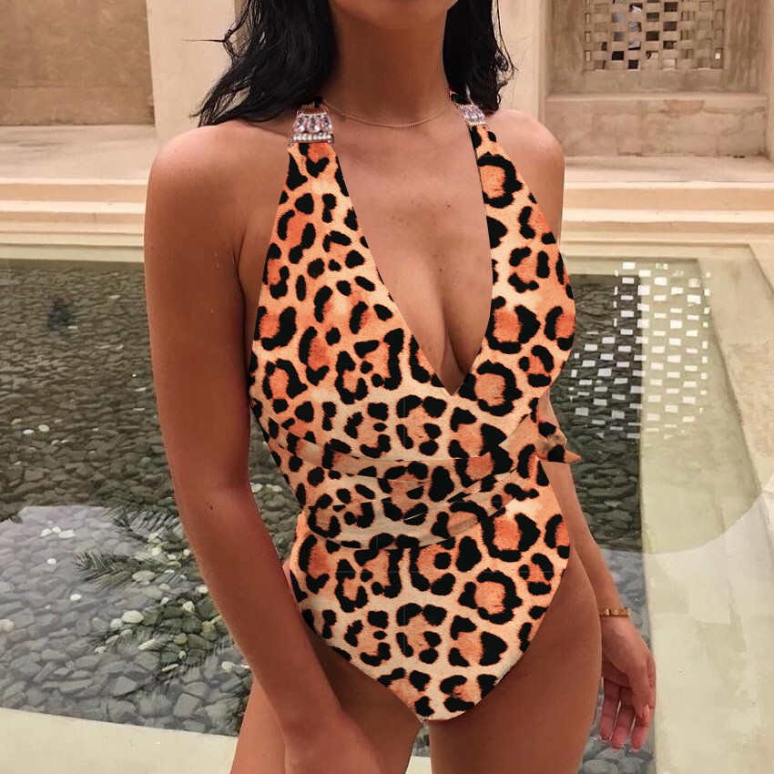 Rhinestone Leopard Plunge One Piece Swimsuit With Headband On Sale