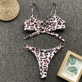 Metal Ring Leopard Print Thong Two Piece Swimsuit