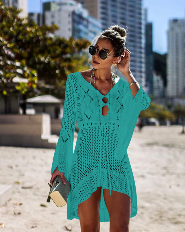 Hollow Out Knit Bell Sleeve Beach Dress Bikini Cover Up