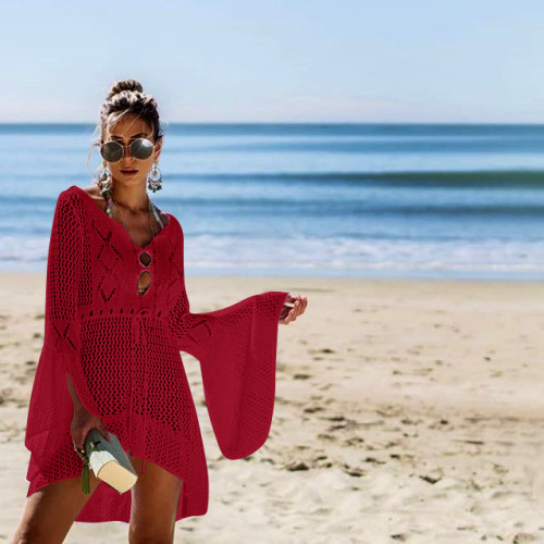 Hollow Out Knit Bell Sleeve Beach Dress Bikini Cover Up