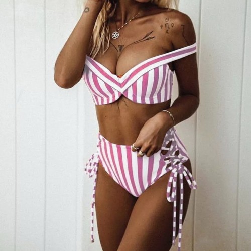 White Pink Stripe High Waist Side Lace Up Bikini Set