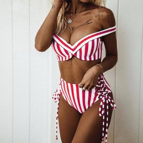 High Waist Red White Stripe Side Lace Up Bikini Set