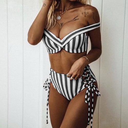 White Black Stripe Lace Up Side High Waist 2PCS Swimsuit