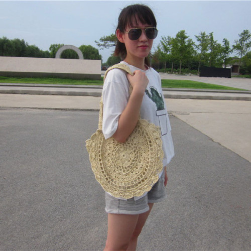 Beige Round Crochet Beach Bag