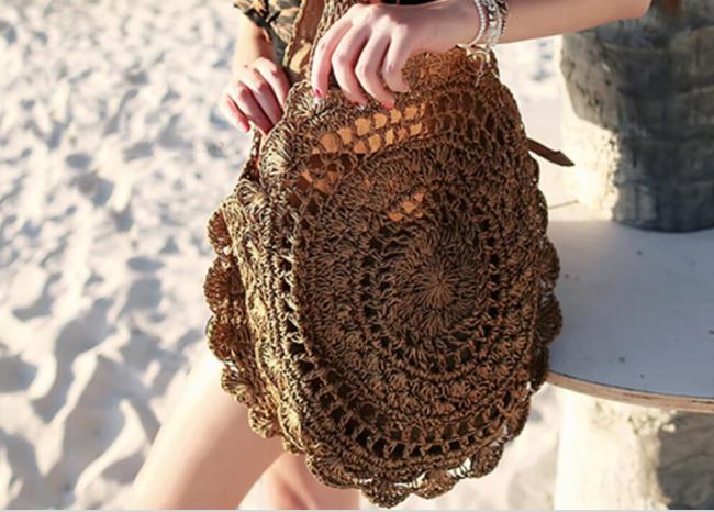 Crochet Round Straw Woven Beach Bag-Dark Brown