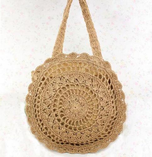 Round Crochet Straw Woven Beach Bag-Light Brown