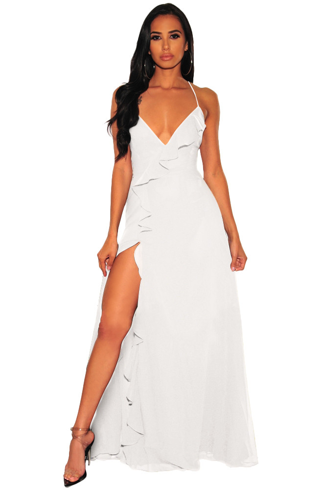 White Open Back Ruffled Slit Long Evening Dress US$ 8.19 - www.lover-pretty.com
