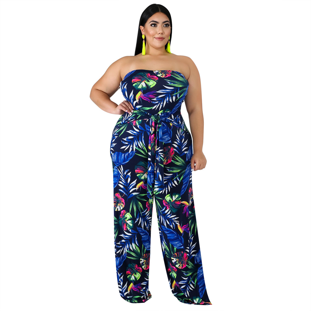 Tropical Print Plus Size Strapless Jumpsuit On Sale For Us 7 99