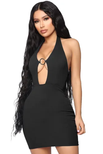 Black O-Ring Plunge Halter Tight Mini Dress