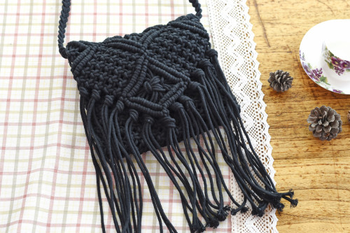 Fringe Cotton Crochet Beach Bag Sling Bag-Black