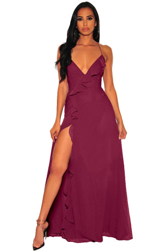 Ruffled Strappy Back Slit Long Cami Cocktail Dress