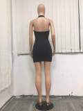 Black O-Ring Plunge Halter Tight Mini Dress