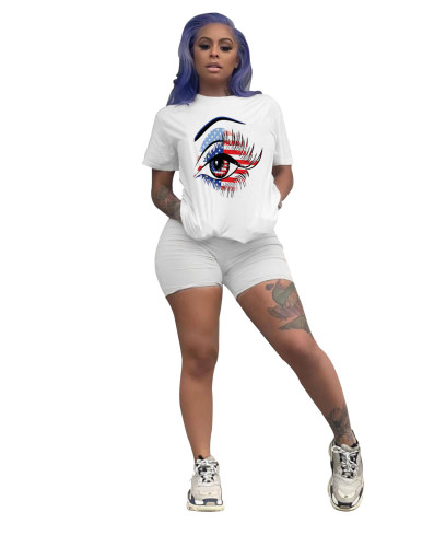 Independence Day Eye Print Tee & Tight Shorts Set-White