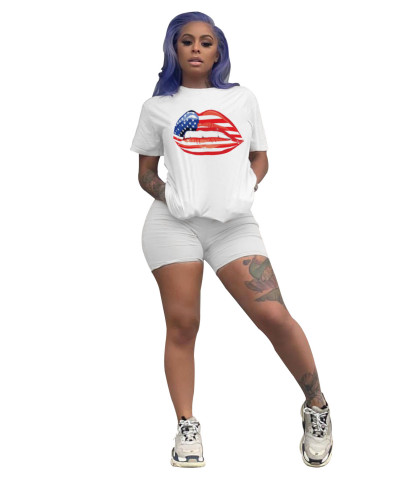 Independence Day Lip Print  Tee & Tight Shorts Set-White