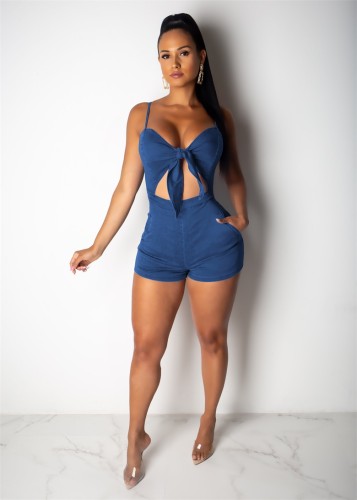 Blue Stretchy Denim Tie Front Cutout Strappy Rompers