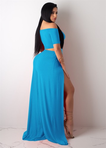 Blue Off Shoulder Cutout Top & High Slit Maxi Skirt