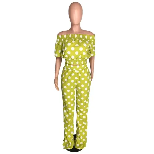 Spot Off Shoulder Crop Top & Wide Leg Pants-Green