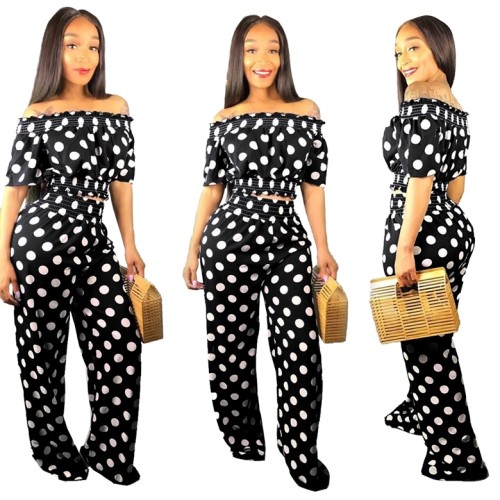 Spot Off Shoulder Crop Top & Wide Leg Pants-Black